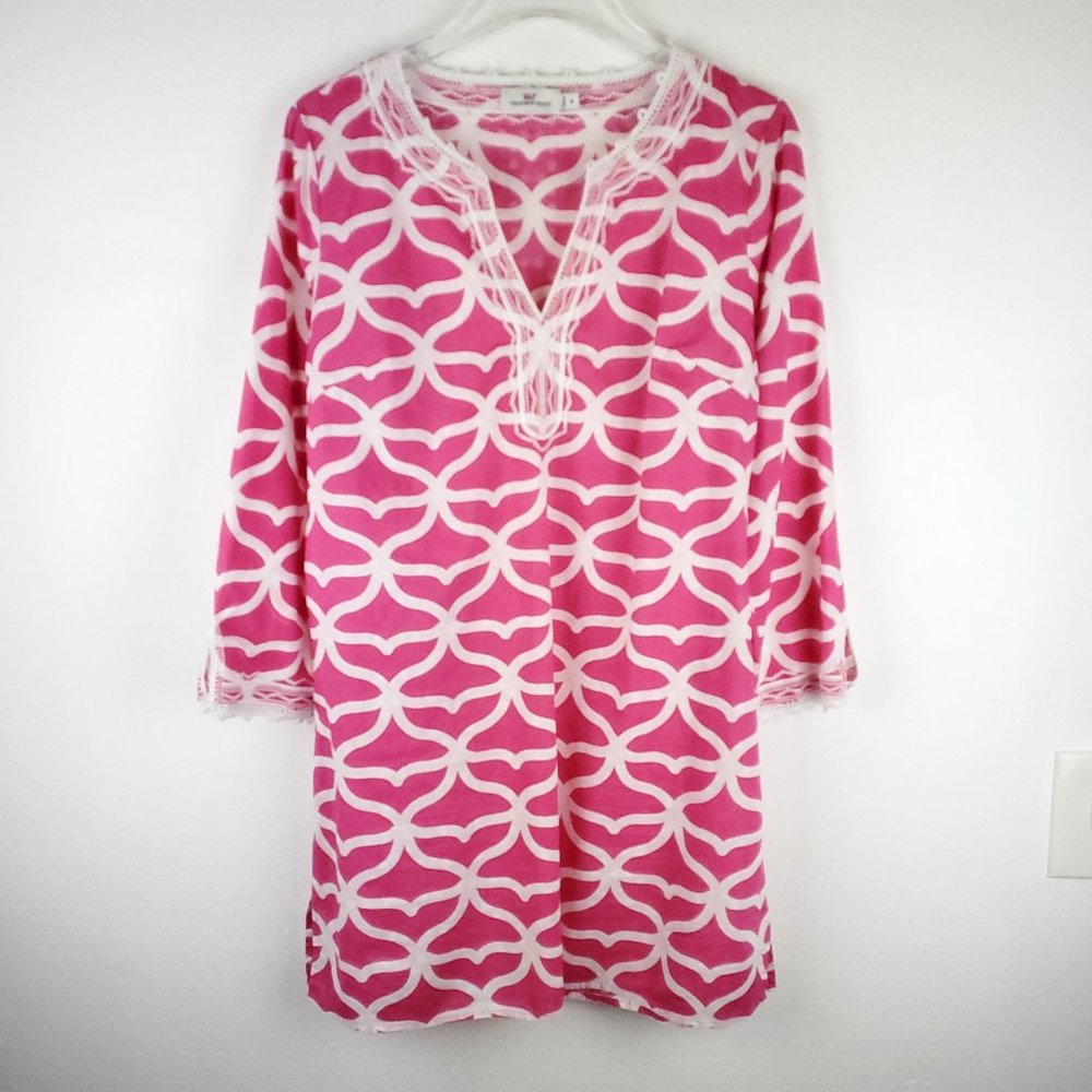 Vineyard Vines tunic shift dress pink white print lace women's M resort